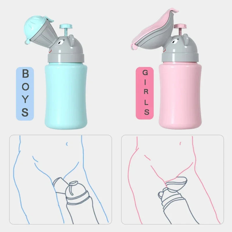 Gros plan sur l'urinoir portable avec une démonstration de sa fonction anti-fuite, soulignant son design sécurisé et hygiénique pour les enfants.